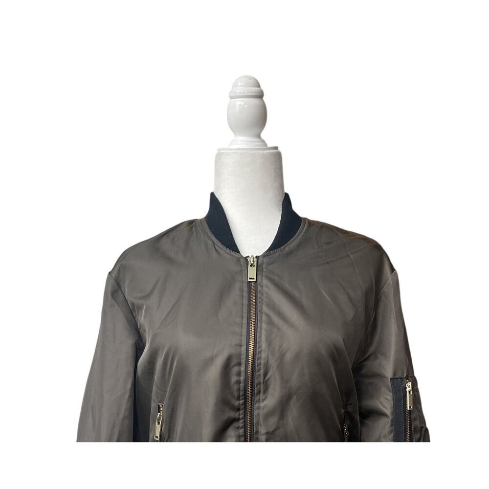 Zara Womens Bomber Jacket S‎ Satin Full Zip Aviator Green Pockets Short Satin - Picture 3 of 11